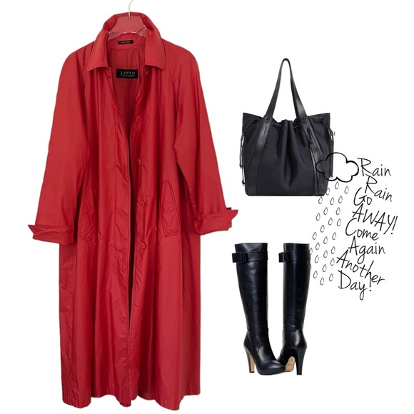 SANYO CAROL COHEN RED LONG DUSTER WATERPROOF RAIN JACKET TRENCH COAT SZ M